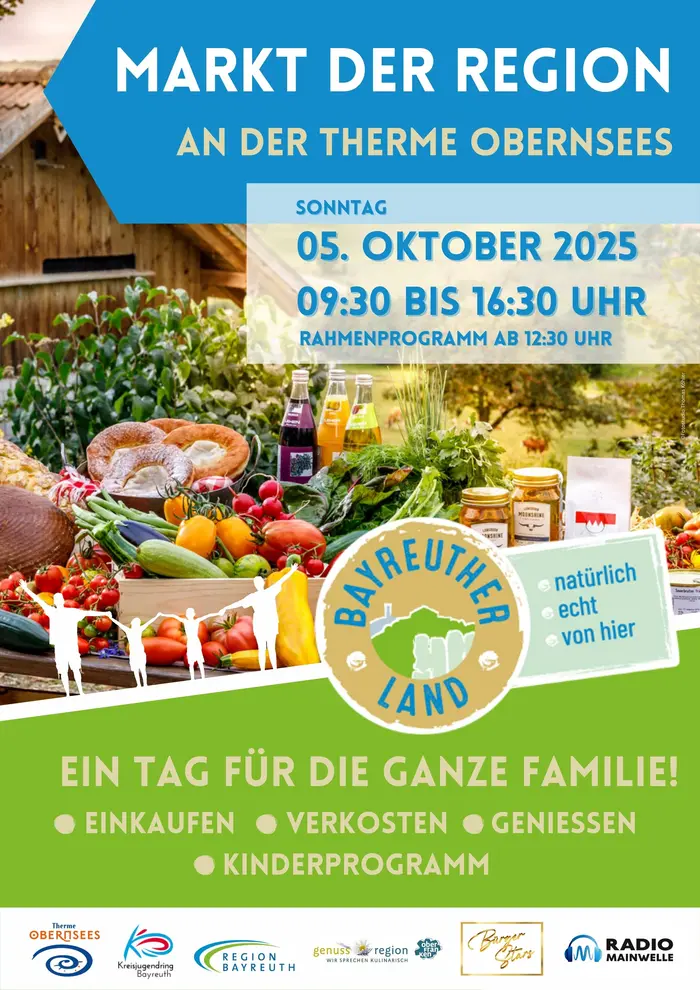 Plakatentwurf mit Logos und Veranstaltungsihinweisen zum Markt der Region mit Bild von einem gedeckten Tisch mit regionalen Spezialitäten